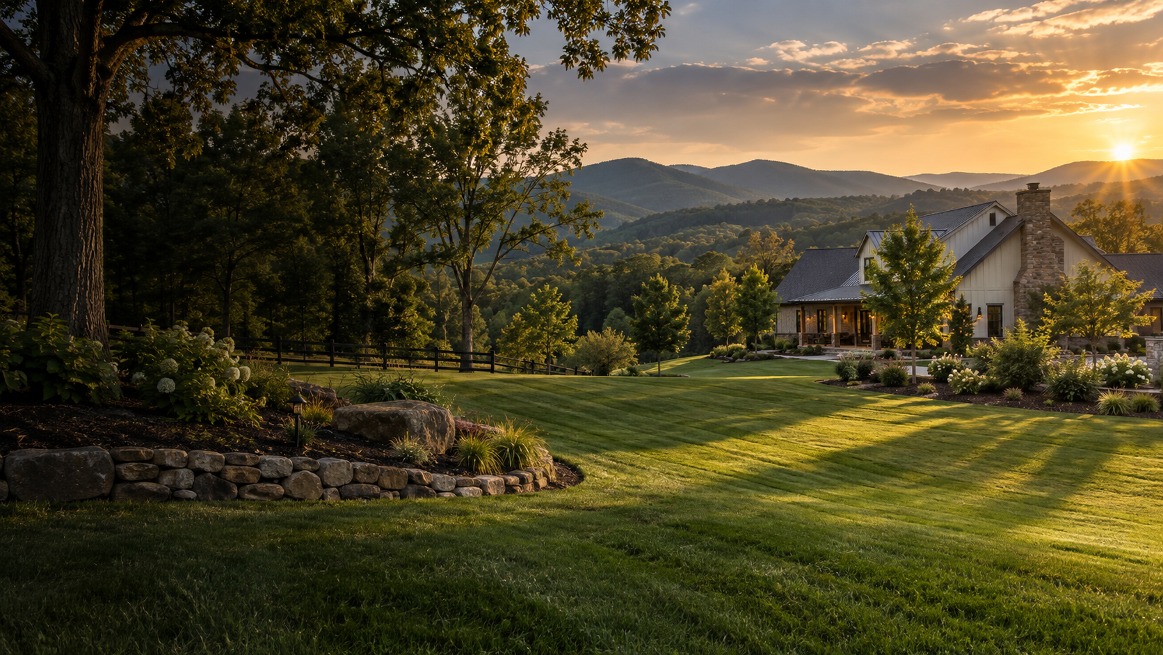 Landscaped Northeast Georgia property at sunset
